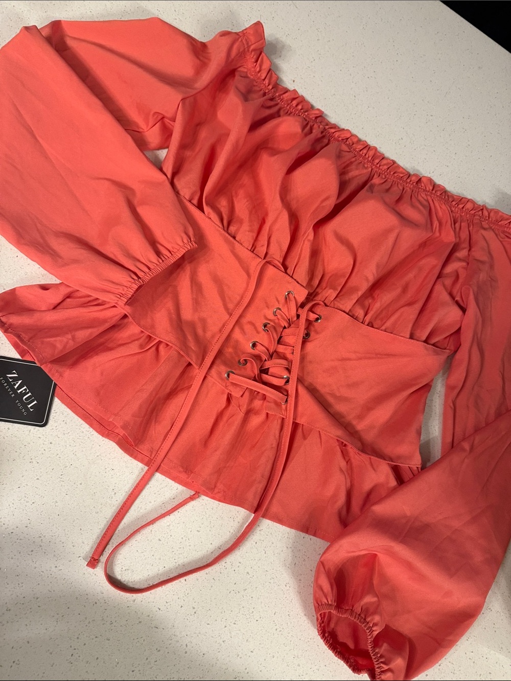 Zaful Coral Lace-Up Off-Shoulder Peplum Blouse